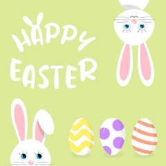 Easter white rabbits for Easter on a green background with Easter eggs in flat style.