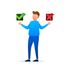 Man choosing between two options yes and no. Vector stock illustration