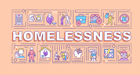 Homelessness word concepts terracotta banner. Experiencing hunger and abuse. Infographics with icons on color background. Isolated typography. Vector illustration with text. Arial-Black font used