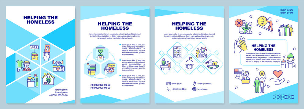 Helping homeless people turquoise brochure template. Supportive program. Leaflet design with linear icons. 4 vector layouts for presentation, annual reports. Arial-Black, Myriad Pro-Regular fonts used