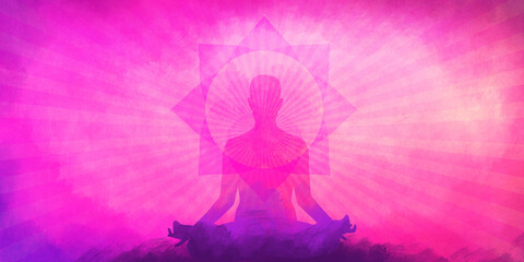 Man meditating in sitting yoga lotus position background
