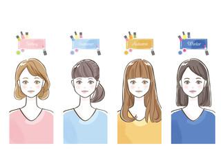 パーソナルカラー診断の女性セットイラスト素材