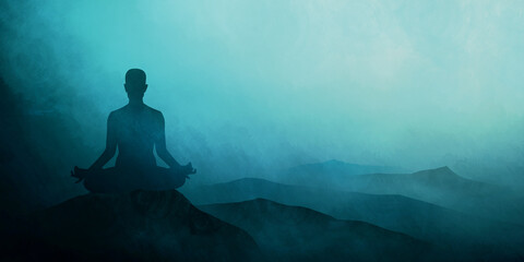 yoga and meditation practices on the mountain sunset background