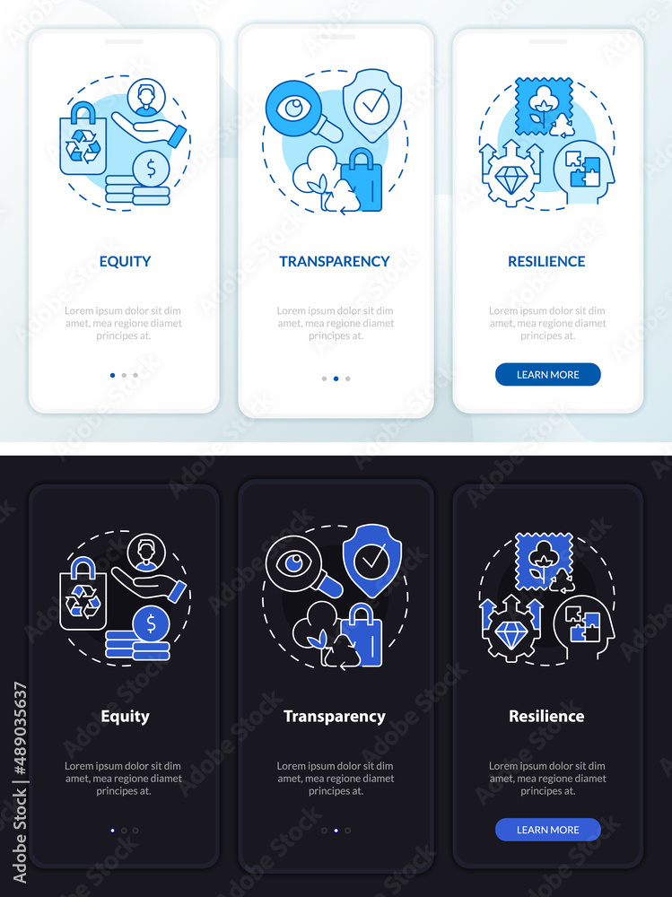 Poster emergent features night and day mode onboarding mobile app screen. walkthrough 3 steps graphic instr