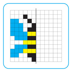 Picture reflection educational game for kids. Learn to complete symmetrical worksheets for preschool activities. Tasks for coloring grid pages, picture mosaics, or pixel art. Finish the honey bee.