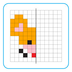 Picture reflection educational game for kids. Learn to complete symmetrical worksheets for preschool activities. Tasks for coloring grid pages, picture mosaics, or pixel art. Finish the mouse face.