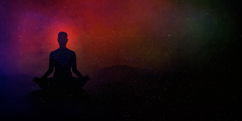 Fototapeta na wymiar yoga and Meditation practices on the mountain sunset background