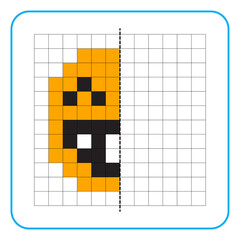 Picture reflection educational game for kids. Learn to complete symmetrical worksheets for preschool activities. Tasks for coloring grid pages, picture mosaics, or pixel art. Finish the happy smile.