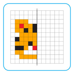 Picture reflection educational game for kids. Learn to complete symmetrical worksheets for preschool activities. Tasks for coloring grid pages, picture mosaics, or pixel art. Finish the tiger face.