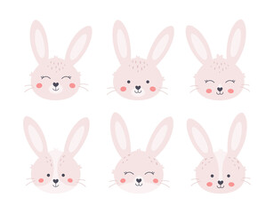 Cute bunnies faces. Year of the Rabbit. Easter white bunny. Hand drawn vector illustration 