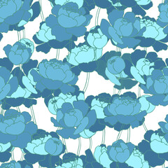 botanical floristic contour flowers peonies open buds .Trendy hand drawn vector isolated minimalistic  floral pattern. Seamless texture for web, textile and stationery. 