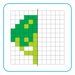Picture reflection educational game for kids. Learn to complete symmetrical worksheets for preschool activities. Tasks for coloring grid pages, picture mosaics, or pixel art. Finish the broccoli.