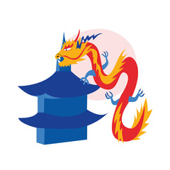 Asian blue pagoda temple with red dragon. Vector illustration on oriental style. Tiered Tower.  
