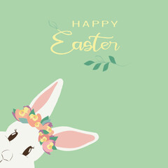 Easter bunny wearing flowers wreath at the corner