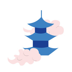 Asian Tiered Tower with clouds. Vector flat illustration. Japanese, Chinese blue pagoda temple.