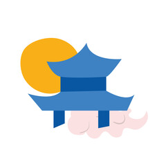 Asian pagoda temple with clouds and yellow sun. Vector flat illustration. Japanese, chinese style