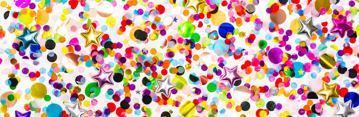 colorful confetti border line on white background. creative glitter decoration. holiday flat lay...