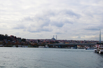 Scenic landscape view of the area of Eminonu in the Fatih district on the Golden Horn with Suleymaniye Mosque on a cloudy autumn day