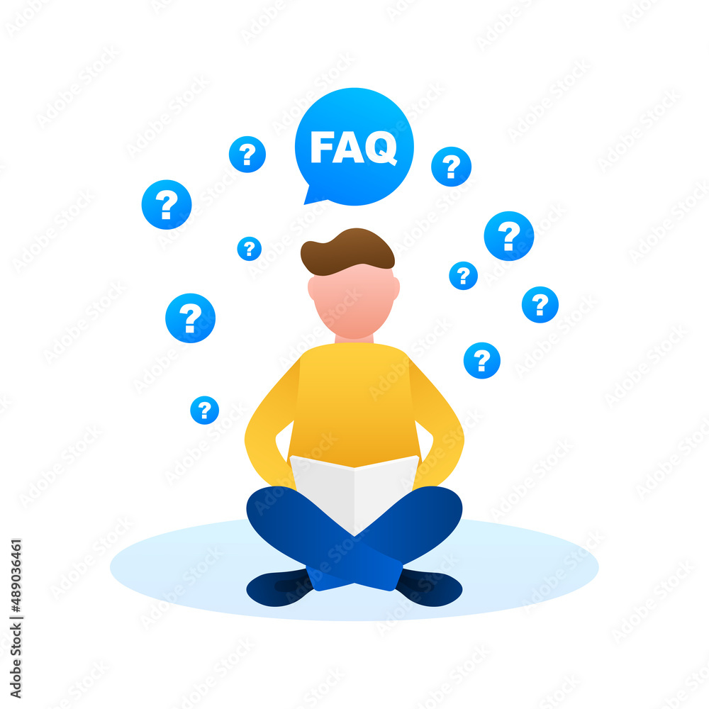 Poster frequently asked questions faq bubble and man. speech bubble with text faq. vector stock illustratio