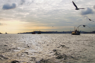 Fototapeta premium Panoramic landscape view of Istanbul Bosphorus city view with ancient The Maiden's Tower on horizon against cloudy autumn sky. Travel and tourism landscape