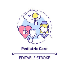 Pediatric care concept icon. Children treatment. Medical center service abstract idea thin line illustration. Isolated outline drawing. Editable stroke. Arial, Myriad Pro-Bold fonts used