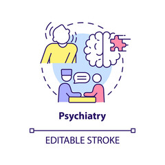 Psychiatry concept icon. Mental disorder care. Service of medical center abstract idea thin line illustration. Isolated outline drawing. Editable stroke. Arial, Myriad Pro-Bold fonts used