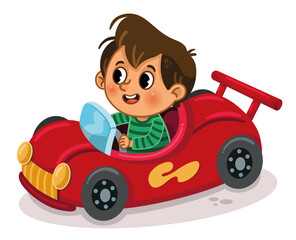 Vector illustration of little boy driving a toy car.