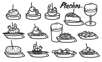Illustrations symbols of typical Spanish bar snacks. Text in Spanish of food (pinchos). bread appetizer with food on top. Sketch of icons for web, brochures, posters, flyers.Vector. - obrazy, fototapety, plakaty