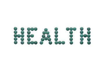 lettering with spirulina tablets the word health. Super food ingredient. top view