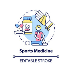 Sports medicine concept icon. Athlete support. Medical center service abstract idea thin line illustration. Isolated outline drawing. Editable stroke. Arial, Myriad Pro-Bold fonts used