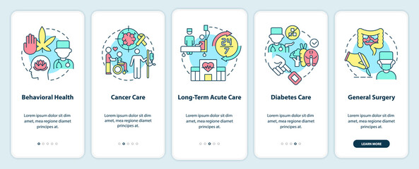 Types of medical services onboarding mobile app screen. Patient care walkthrough 5 steps graphic instructions pages with linear concepts. UI, UX, GUI template. Myriad Pro-Bold, Regular fonts used