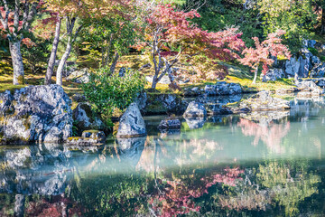 An autumn garden at the Tenryu-Ji Temple in Kyoto Japan with the colors of fall reflecting in the calm water of the pond.