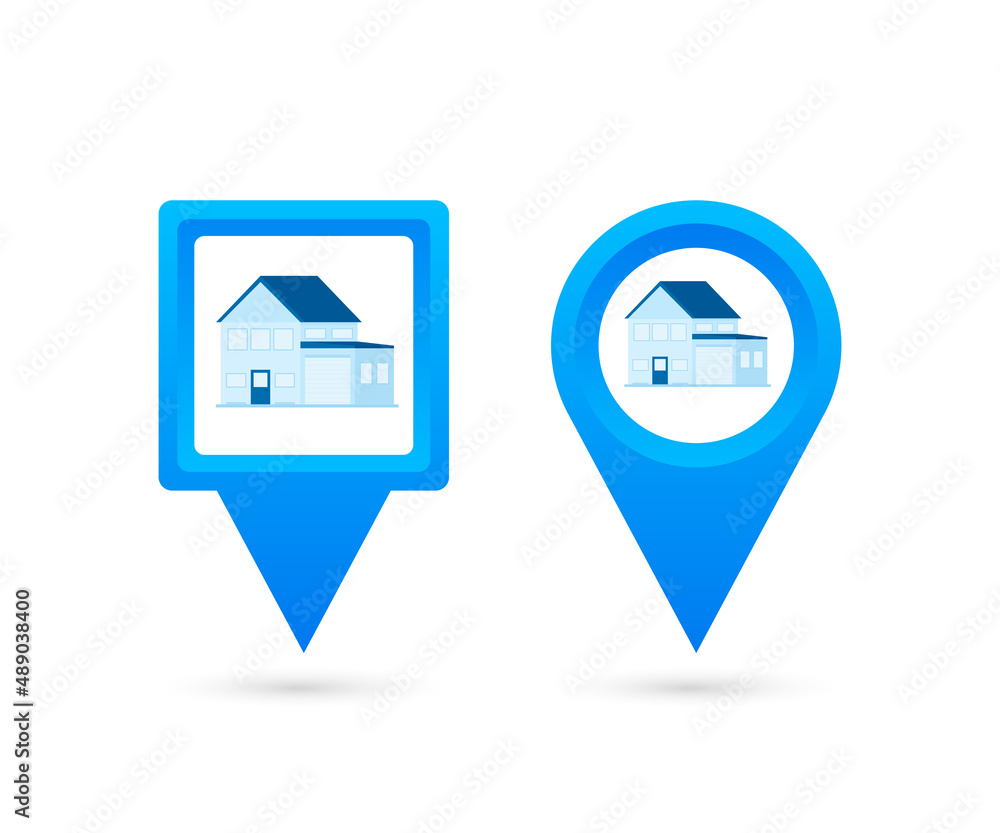 Poster map pointer with house. pin point home. vector stock illustration.