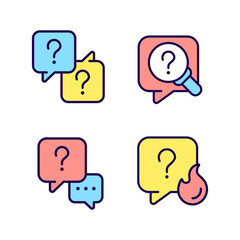 Question marks and speech bubbles RGB color icons set. Answers and information storage. Communication process. Isolated vector illustrations. Simple filled line drawings collection. Editable stroke