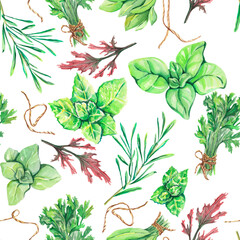 Watercolor seamless pattern. Herbal pattern. Watercolor herbs and plants. Watercolor herbal illustration. Green herbs. Healthy food illustration. Health and care. Vegetarian menu. Vegetarian bio food