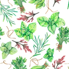  Watercolor seamless pattern. Herbal pattern. Watercolor herbs and plants. Watercolor herbal illustration. Green herbs. Healthy food illustration. Health and care. Vegetarian menu. Vegetarian bio food © Katerina