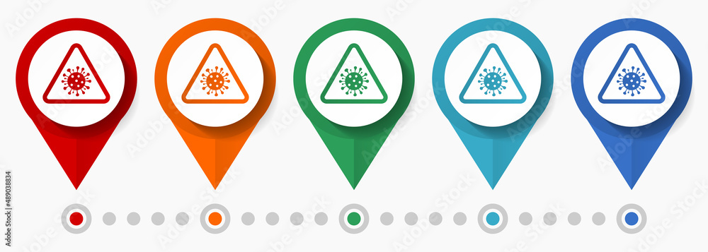 Poster coronavirus warning sign concept vector icon set, flat design biohazard pointers, infographic templa