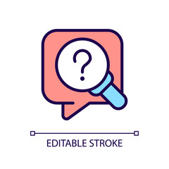 Research question RGB color icon. Looking for information. Question mark and magnifier glass. Isolated vector illustration. Simple filled line drawing. Editable stroke. Arial font used
