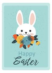 Vector illustration in cartoon style. Easter bunny with flowers. Easter greeting card.