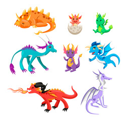 Cute colorful baby dragons and dinosaur cartoon illustration set. Fairytale monsters or creatures blowing fire, laughing, hatching form egg, sleeping and flying. Reptiles, wild animal concept