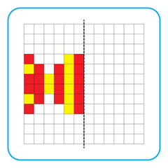 Picture reflection educational game for children. Learn to complete symmetrical worksheets for preschool activities. Coloring grid pages, visual perception and pixel art. Finish the candy image.