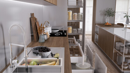 Cozy white and wooden kitchen close up, open drawers with pottery and utensils. Sink with fruit, induction hob with pots, wooden cutting boards. Contemporary interior design concept