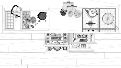 Blueprint project draft, kitchen close up top view, open drawers with accessories, sink with fruit, hob with pot and pan, cutting boards. Plan, above with copy space, interior design