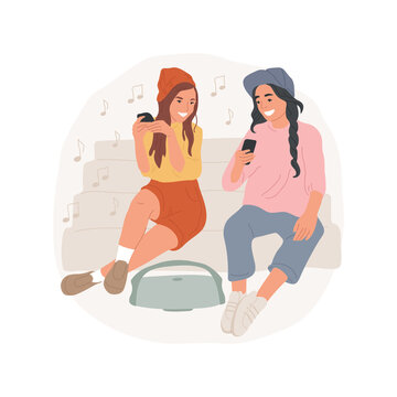Sharing music with friends isolated cartoon vector illustration. Hipster style teenage girls listening music together, friends lifestyle, portable speakers, entertainment time vector cartoon.