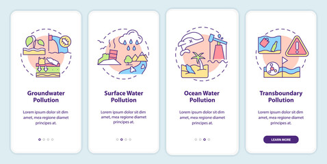 Categories of water pollution onboarding mobile app screen. Groundwater walkthrough 4 steps graphic instructions pages with linear concepts. UI, UX, GUI template. Myriad Pro-Bold, Regular fonts used