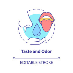 Taste and odor concept icon. Water quality analysis abstract idea thin line illustration. Drinking water assessment. Isolated outline drawing. Editable stroke. Arial, Myriad Pro-Bold fonts used