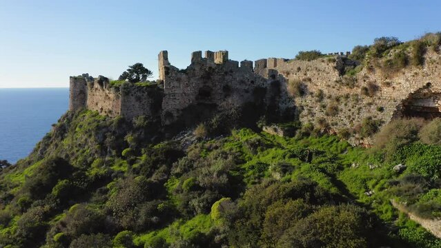 Aerial view of ruined brick walls of Old Navarino Castle near Pylos