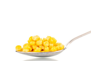 Bright yellow canned corn kernels with metal spoon, macro, isolated on white background.