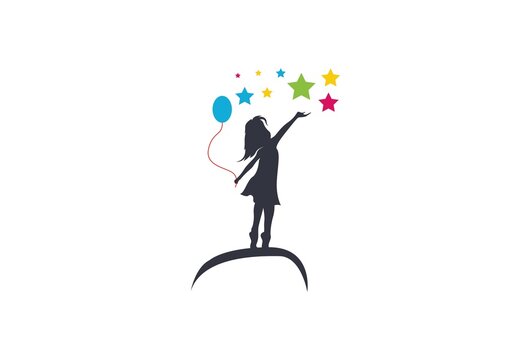 Little girl reach stars sillhouette logo template vector isolated on white background