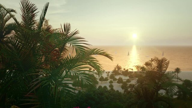 Tropical beach with swimming pool and silhouettes of palm trees at sunset. 4k cinematic footage